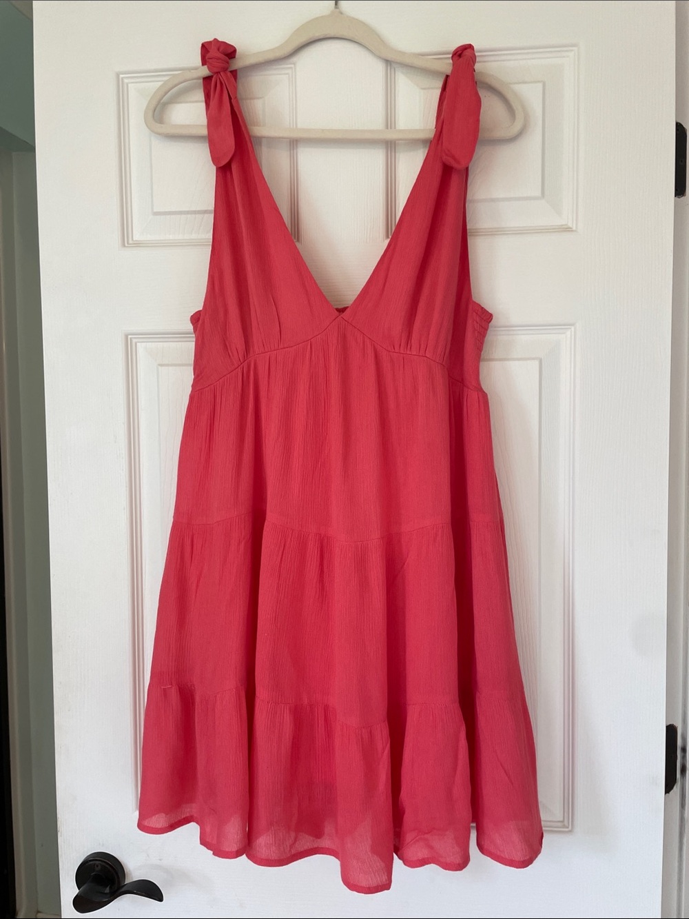 Tie-Shoulder Tiered Sundress in Coral